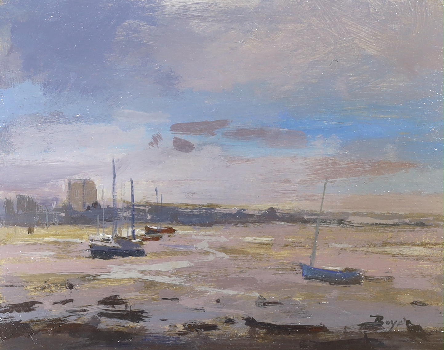 Boyd, Impressionist oil on board, Coastal view with boats, signed, 20 x 25cm